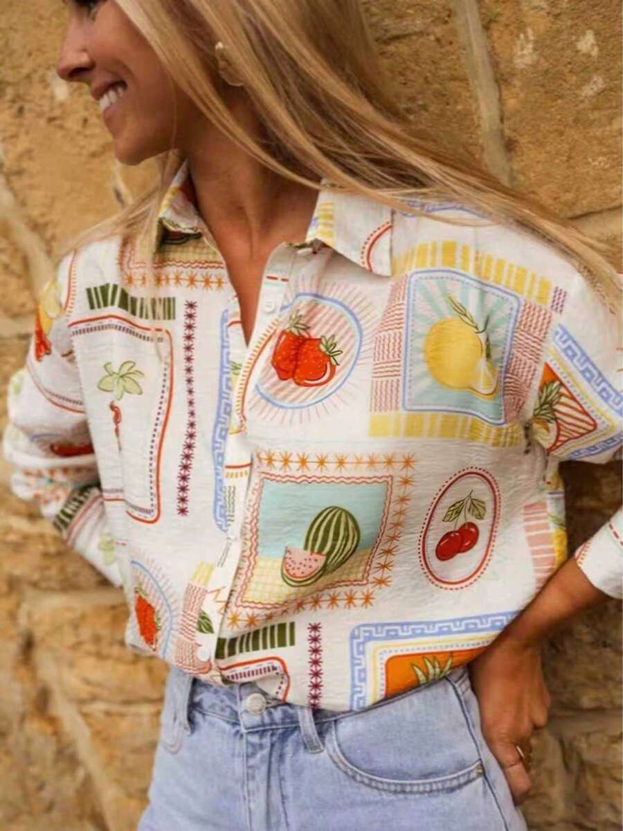 Áo sơ mi dài tay thoải mái, in họa tiết hoa cổ điển dành cho nữ cỡ lớn, phù hợp cho mùa tựu trường và mùa thu xuân. - Nhiều màu - Xem 1