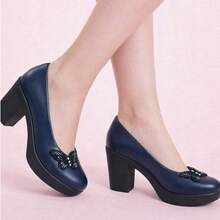 Zapatos de tacón grueso con detalle de mariposa y plataforma - Azul Marino - Ver 2