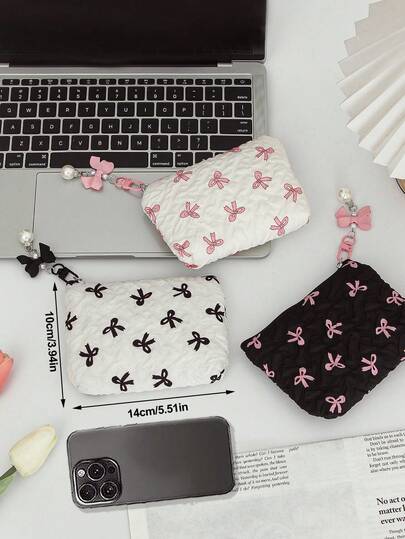 Cute Bow Pattern Coin Wallet Zipper Cosmetic Pouch Portable Mini Makeup Bag Available In Multiple Colors Convenient Coin Purse Key Holder Card Case Lipstick Bag Keychain Decor Make Up Bag Women's Items Organizer Bag Ruffled Fabric Cosmetics Bag Lovely Coin Purse Card Holder Soft Fabric Sanitary Pad Storage Bag