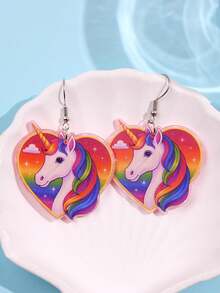 1 Pair Fashionable & Exquisite Creative Unique Shiny Heart, Rainbow, Unicorn Acrylic Dangle Earrings For Women, Suitable For Daily, Party, Commute, Holiday - Multicolor - View 6