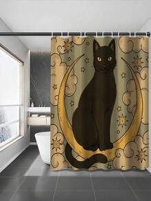 1pc Cat Moon Shower Curtain With Black Cat Silhouette, Crescent Moon, Floral And Butterfly Patterns, Mysterious Design, 70.8x70.8 Inches, With 12 Hooks - G - View 8