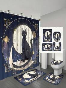 1pc Cat Moon Shower Curtain With Black Cat Silhouette, Crescent Moon, Floral And Butterfly Patterns, Mysterious Design, 70.8x70.8 Inches, With 12 Hooks - E - View 5