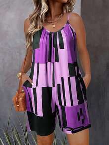 大码女式休闲几何图案无袖露肩连体裤，带口袋，适合度假穿着 - 紫色 - 查看 1