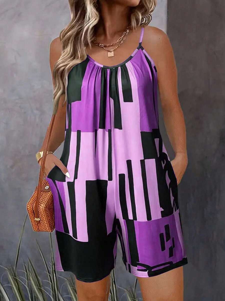 大码女式休闲几何图案无袖露肩连体裤，带口袋，适合度假穿着 - 紫色 - 查看 1