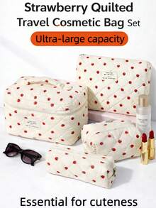 4pcs Strawberry Quilted Cosmetic Bag Set, Large Capacity Makeup Organizer, Cute Travel Toiletry Storage Bags,Valentine's Day Mother's Day Back To School - Multicolor - View 1