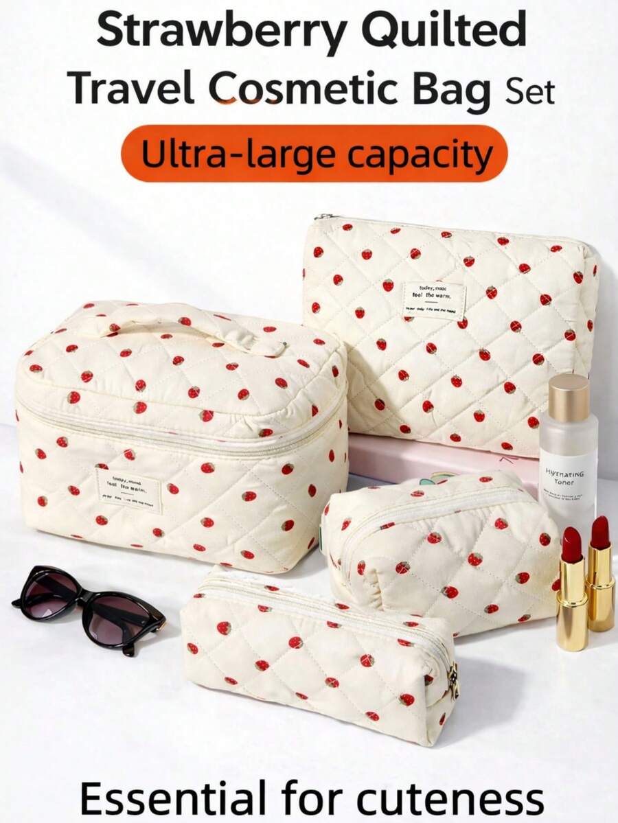 4pcs Strawberry Quilted Cosmetic Bag Set, Large Capacity Makeup Organizer, Cute Travel Toiletry Storage Bags,Valentine's Day Mother's Day Back To School - Multicolor - View 1