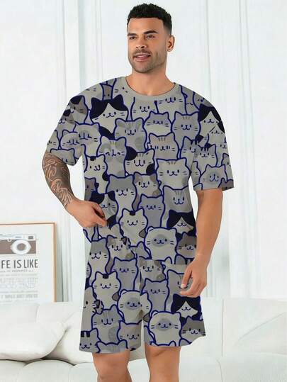 Plus Size Men's Pajama Set | Round Neck Short Sleeve Top And Elastic Waist Casual Shorts, 2 Piece Set | Polyester Knit Fabric, Soft And Breathable, Loose And Comfortable | Cute Gray Kitten Pattern Print, Casual Design