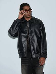 Modcrash 男士休闲宽松商务皮夹克，适合秋冬夏季穿着 - 黑色 - 查看 6