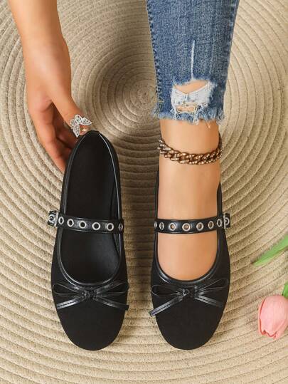 Women's Black Flat Shoes, One-Strap Buckle Round Toe Bowknot Decor, Fashion Mary Jane Shoes
