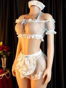 Sexy Maid Costume Set, Includes Headband, Top, Maid Skirt And Thong (Stockings Not Included) - Blue - View 2