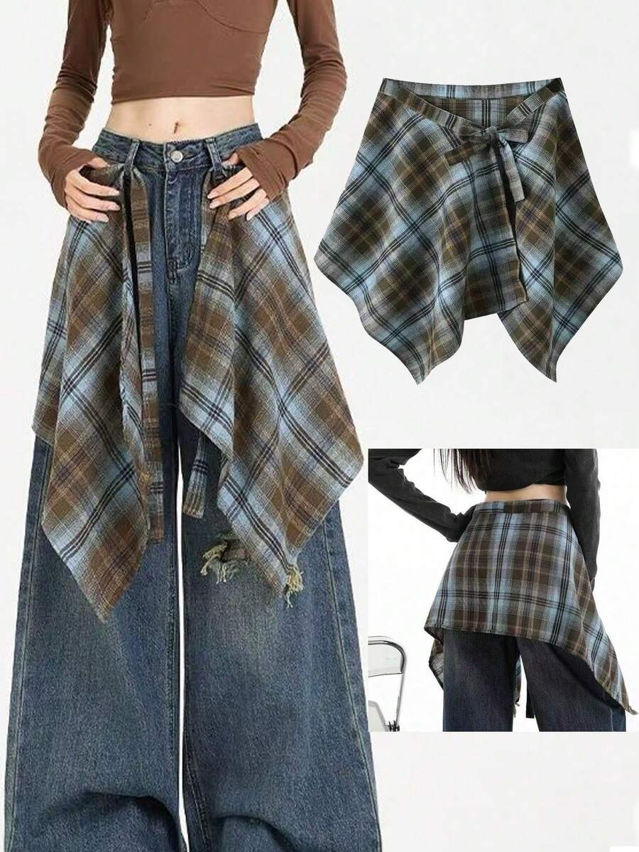 1pc Women's Dual-Tone Plaid Jumpsuit, Fashion Versatile Denim Pants With Waist Cincher, Drawstring Waistband, Suitable For Daily Wear - A - View 1