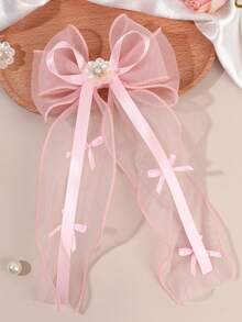 1个粉色薄纱蝴蝶结发夹，透明欧根纱材质，饰有缎带和人造珍珠雏菊，精致发饰，适合春季、婚礼和特殊场合。 - 彩色 - 查看 4