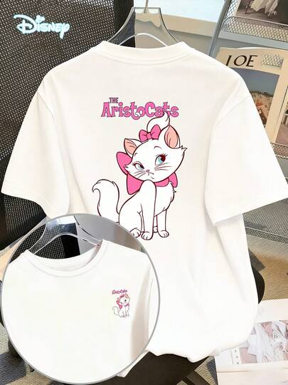  Disney Marie Cat Oversized T-Shirt: White Loose Fit Cotton Tee With Double-Sided Sweet Graphic, Perfect For Girly Outfits, Theme Park Visits And Aristocats Fans, Ideal Gift