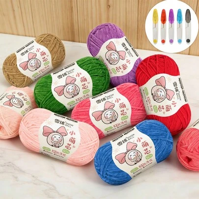 3pcs/Set Colorful Chenille Yarn Balls With Random Color Scissors, 100% Polyester Handmade Knitting & Crochet DIY Yarn Craft Kit