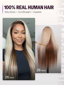 MEGALOOK 蜜金色挑染真人发假发 13x4 透明蕾丝前假发 女士直发渐变金色真人发假发 预先拔毛 可调节假发帽 自然发际线 直发波浪真人发假发 - 彩色 - 查看 9