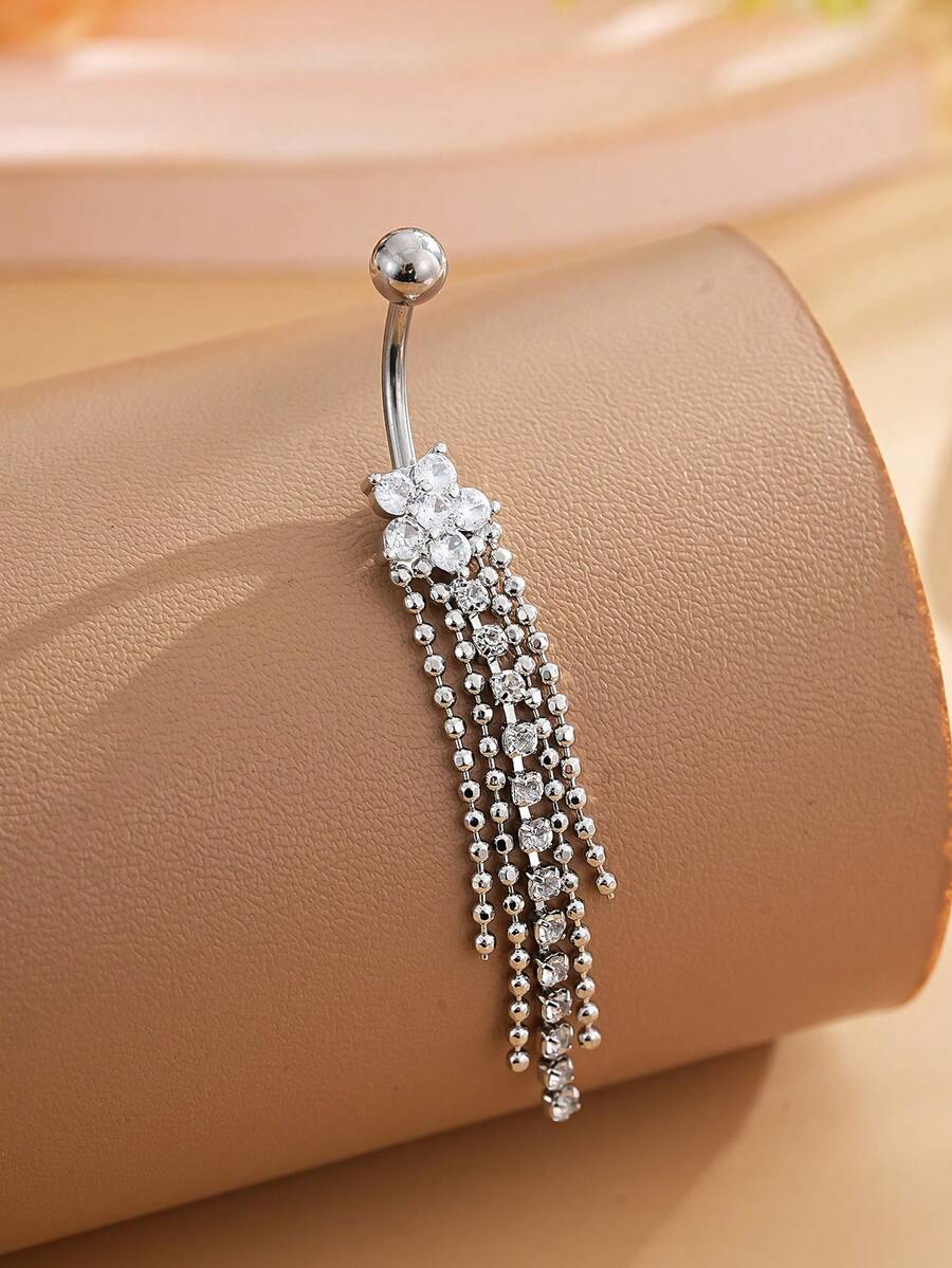 1件铜锆石花朵链肚脐环，不锈钢杆，适合女性日常佩戴和作为礼物 - 花朵流蘇 - 查看 1