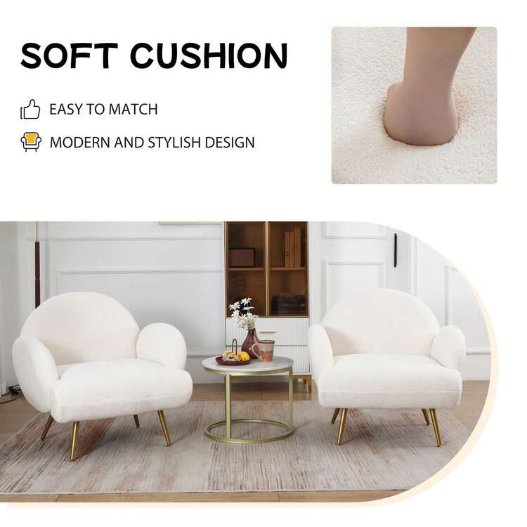 DYHOME Modern Lounge Chair, Single Seater Lounge Sofa, Comfortable Teddy Bear Fabric With Metal Legs, Suitable For Living Room And Bedroom - 白色金腿 - 查看 4