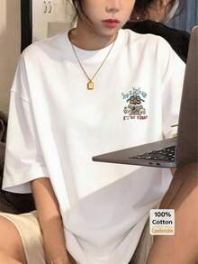Áo thun ngắn tay dáng lửng in hình hoạt hình, kiểu dáng thời trang thường ngày cho nữ, màu trắng, thích hợp cho mùa hè. - trắng - Xem 2