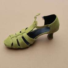 Giày sandal La Mã dệt kiểu cổ điển dành cho nữ, giày cao gót dày bằng da lộn màu xanh bơ, thiết kế độc đáo với quai bất đối xứng/cao gót lệch, giày ngoài trời mùa xuân & thu. - màu xanh lá - Xem 10