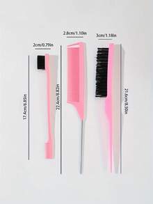 3pcs Hair Styling Brush Set, Teasing Brush, Rat Tail Comb, Edge Brush For Smoothing And Styling Hair - Pink - View 3