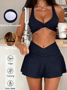 GAOVOT 女士夏季两件套运动休闲性感吊带背心+高腰半身裙搭配安全短裤，适合跑步、健身、瑜伽、运动服 - 藏青色 - 查看 2