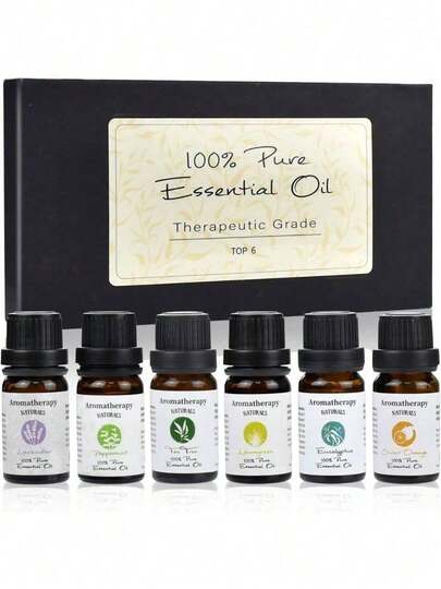 Aceites Esenciales de Aromaterapia, para Difusor y Aromaterapia con Caja de Regalo Exquisita (Lavanda. Hierba de Limón, Menta Incluida, Arbol de Té, Eucalipto, Naranja). 6 x 10 ML,Aplicación Aromaterapia, Spray, Baño, Humidificación, Fabricación De Jabón de Manos, Fabricación de Velas(Nuestros aceites esenciales son extractos de plantas 100% naturales).