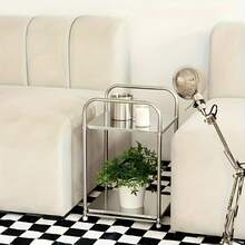 1pc Modern Stainless Steel Edged Nightstand With Storage Space, Silver, Home Storage Rack, No Assembly Required, Height Under 27 Inches, Space-Saving Design, No Power Needed, Suitable For Sofa And Kitchen, Practical Shelf - Multicolor - View 4