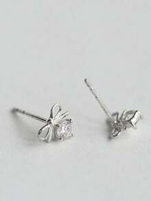 1 Pair 925 Sterling Silver Earrings, Delicate Minimalist Cubic Zirconia Bowknot Design, Versatile Everyday Wear, Holiday Gift - Bow 1 - View 2