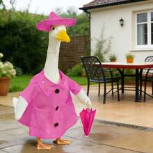 23-Inch Outdoor Garden Lawn Decoration, Spring/Summer Decor, Pink Raincoat Goose Sculpture Decoration Set - A - View 2