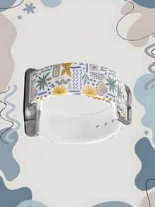 1条贝壳花棕榈树图案柔软弹性透气替换表带，兼容三星、荣耀智能手表，尺寸可选38mm、40mm、41mm、42mm、46mm、45mm、44mm、49mm，适合海滩度假，印花图案日常休闲硅胶表带，兼容苹果手表Ultra SE/11/10/9/8/7/6/5/4/3/2/1 - 彩色 - 查看 5