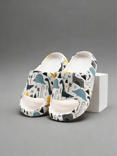 Boys' Dinosaur Graffiti Foam Slippers, Cute Soft Bottom Lightweight Summer Indoor/Outdoor Sandals