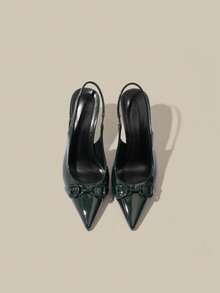 小号女士9.5厘米尖头优雅细高跟鞋，后系带设计，PU材质搭配金属装饰，适合日常、派对、通勤、工作等场合。 - 墨綠色 - 查看 6