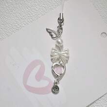 1 pieza Cordón para teléfono plateado con lazo y cuentas rosas y dije con forma de corazón - Multicolor - Ver 6