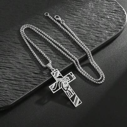 1pc Men's European And American Stainless Steel Hollow Cross Pendant Necklace