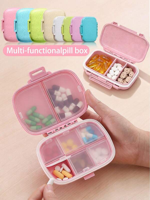 صندوق منظم أقراص محمول 8 فتحات/3 فتحات، علبة أدوية متعددة الوظائف، علبة أقراص صغيرة متعددة الألوان، حجم صغير، أقسام قابلة للتعديل والإزالة للتنظيف السهل، منظم أقراص محمول صغير، حاوية تخزين أقراص، صندوق أقراص أسبوعي، موزع أقراص، سهل الحمل، للتخزين والتوزيع