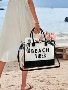 女士沙滩手提包套装，印有“BEACH VIBES”字样图案，包含一个大容量手提包和两个化妆包，适合夏季海滩、泳池、旅行、健身房和日常使用，也适合假日、周末短途旅行。可作为个性化生日礼物送给朋友或女士，是完美的旅行/度假/沙滩包，也适合婚礼、生日、节日等场合，是送给女性、妈妈、老师、朋友、伴娘、学生、返校季、闺蜜、新娘纪念品的绝佳礼物。 - 彩色 - 查看 4