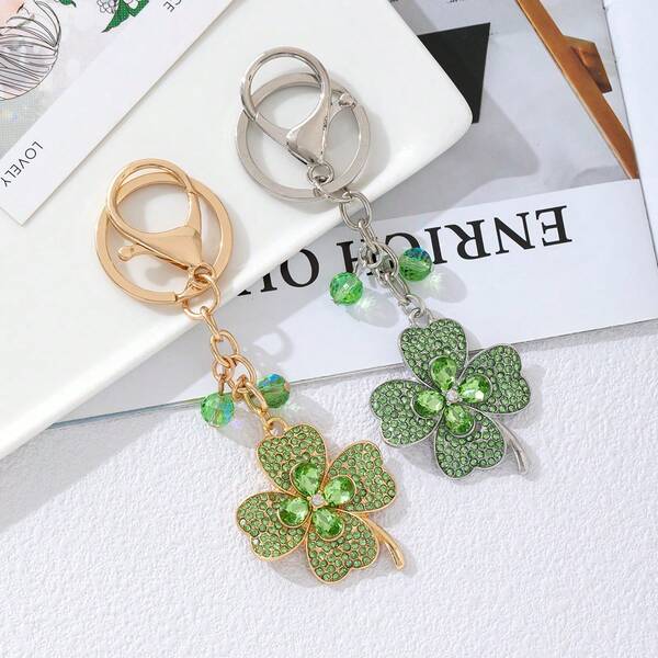 1pc Fully Rhinestoned Sparkling Four-Leaf Clover Keychain, Green Crystal Four-Leaf Clover With Crystal Beads, Suitable For Keys, Backpacks, A Perfect St. Patrick's Day Accessory And Lucky Charm