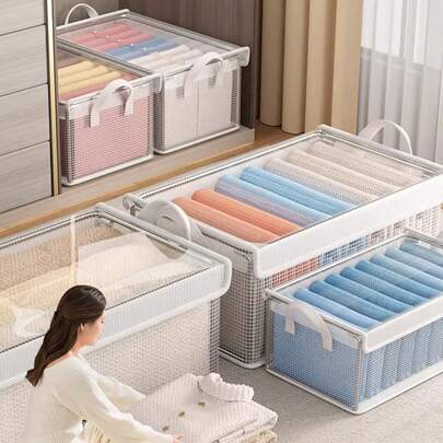 衣物裤袜杂物收纳篮，加厚透明可堆叠收纳盒，大容量组合收纳盒。带盖设计防尘防潮，配有提手，方便搬运。