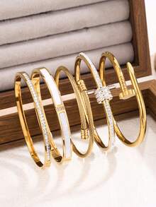 5pcs/Set New High-Quality Minimalist Elegant Luxury Bracelet, Women's Titanium Steel Material High-End Fashion Bracelet - Gold - View 9