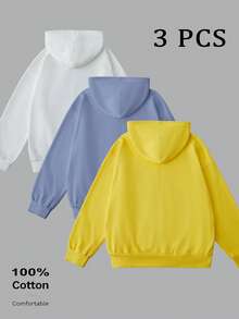 Men's Cotton Zip-Up Hoodie, Solid Color Basic Loose Fit Thin Lightweight Soft Breathable Drapey Drop Shoulder Long Sleeve Top, Casual Everyday Vacation Versatile, 3-Piece Set In Multiple Colors - White + Light Blue + Bright Yellow - View 5