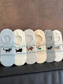6 Pairs Fairisle Cartoon Bow & Heart Boat Socks, Summer Bestseller Shallow Mouth Invisible Non-Slip Women Ankle Socks - Multicolor - View 6