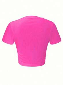Hot Hour  New Crop Top With Round Neck And Short Sleeves Dominican Republic Letter Print Women's Casual Simple Fitted Short Crop Top - 玫紅色 - 查看 2