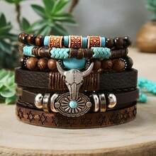 This 6-Piece Brown Classic Bull Head Sunflower Bracelet Set Is Stackable And Adjustable, Suitable For Both Genders. Perfect For Parties, Western-Themed Events, Everyday Wear, And Music Festivals; The Perfect Gift For Friendship. - 6件套裝 - 查看 6
