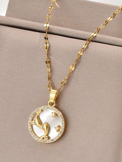 1件金色珍珠母贝双鱼圆形吊坠项链，清新活泼优雅风格，时尚女士首饰，适合约会、送礼和日常佩戴（OPP袋包装）
