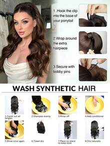 环绕式马尾辫，自然长波浪马尾辫接发，18英寸耐热合成自然波浪假发，环绕式马尾辫接发，适合女性日常使用 - 彩色 - 查看 8