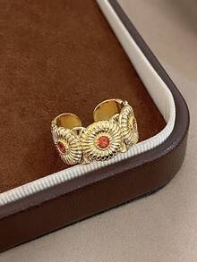 1Pc 18K Gold Plated Copper Double Flower Red Gold Ring, Women's Ring, Gold Plated Ring, Vintage Jewelry, Suitable For Daily Wear, Dating, Weddings, Parties, Festivals, Birthdays, Easter, Beach Jewelry, Summer Jewelry, Valentine's Day Gift, Mother's Day Gift, Boho Style Jewelry - Multicolor - View 5