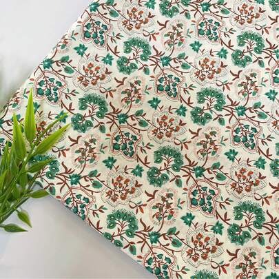 0.5m/1m/2m/3m Green & Brown Pelis Floral Cotton Fabric, Sold By Meter, Vintage Bohemian Print Design, Ideal For DIY Sewing, Garment Making, Patchwork And Home Textile, Multiple Sizes Available