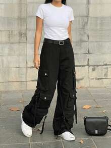 Quần cargo nữ dáng rộng, thoải mái, có cúc, túi và sọc trang trí bên hông, đa năng cho mặc hàng ngày, đi nghỉ mát, mùa xuân/hè, màu đen. - màu đen - Xem 4