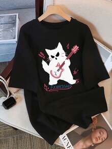 T-shirt à manches courtes imprimé chat des rochers, 100 % coton, col rond, style décontracté, haut d'été tendance avec un motif graphique amusant - Noir - Voir 1