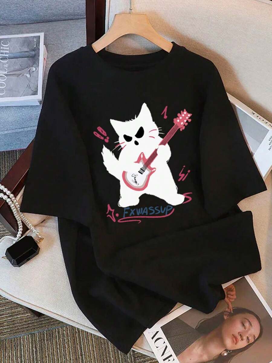 T-shirt à manches courtes imprimé chat des rochers, 100 % coton, col rond, style décontracté, haut d'été tendance avec un motif graphique amusant - Noir - Voir 1